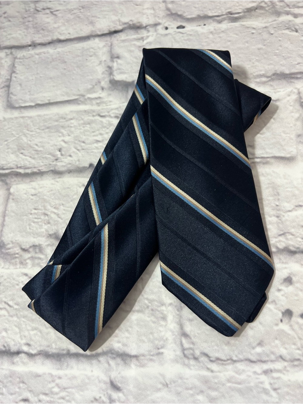Vintage Sears Dark Navy Tie with Light Blue and Cream Stripes